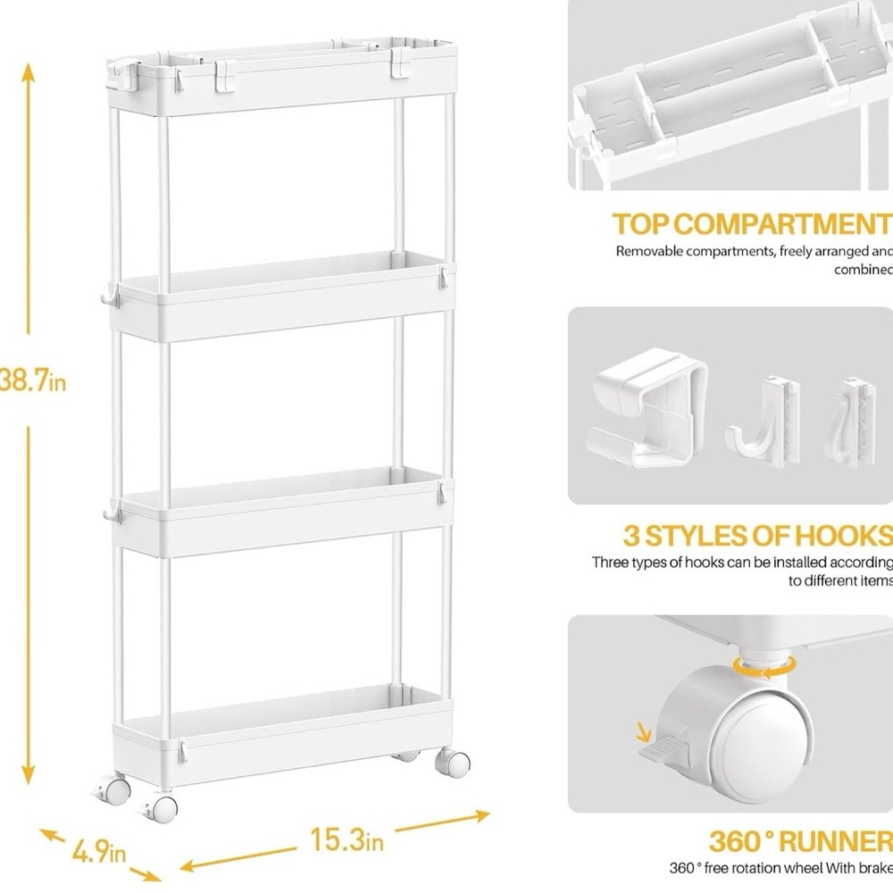 white slim rolling storage cart with wheels – 4 tiers